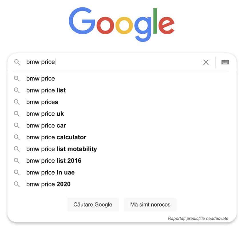 google autocomplete predictions bmw price romania